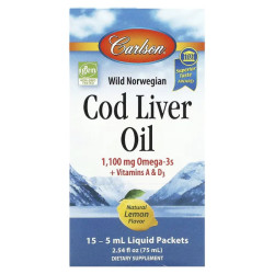 Жир печінки норвезької тріски смак натурального лимона, Carlson Cod Liver Oil, 15 пакетиків по 5 мл