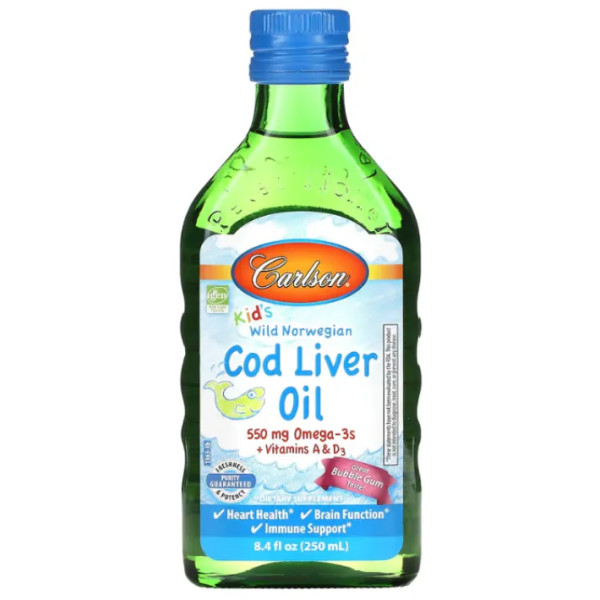 Рыбий жир из печени трески для детей, Cod Liver Oil, Carlson, норвежский, вкус жвачки, 250 мл