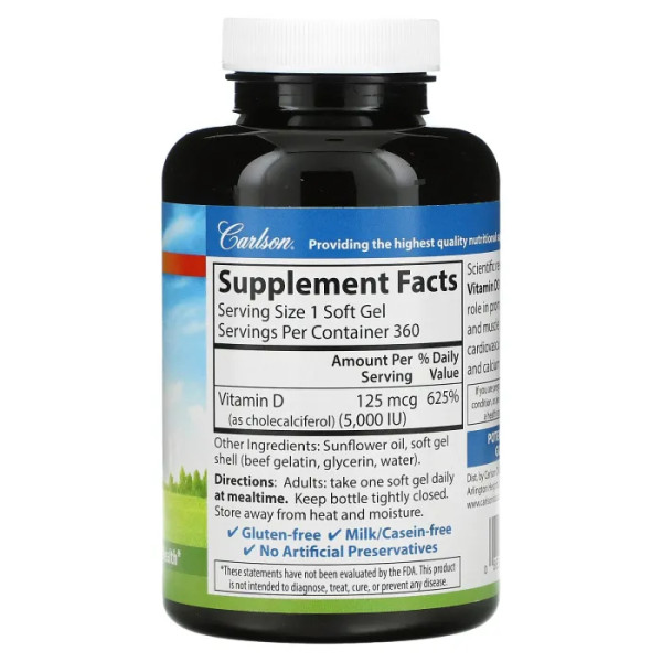 Вітамін D-3, Vitamin D3, Carlson, 5000 МО, 360 гелевих капсул