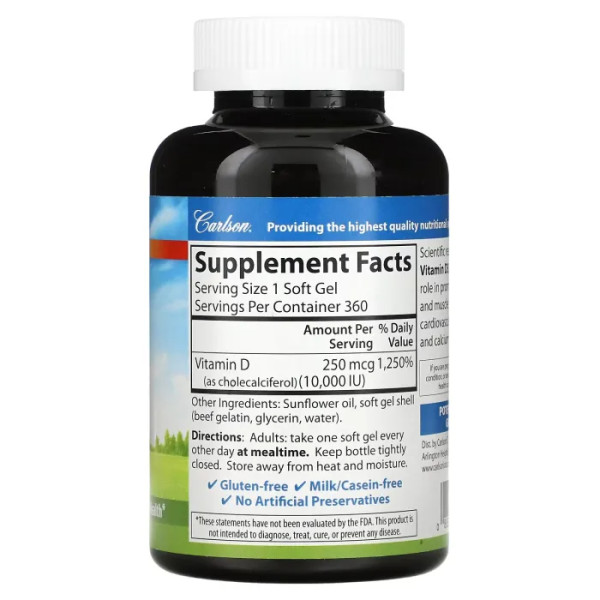 Вітамін D3, Vitamin D3, Carlson, 250 мкг, 360 гелевих капсул
