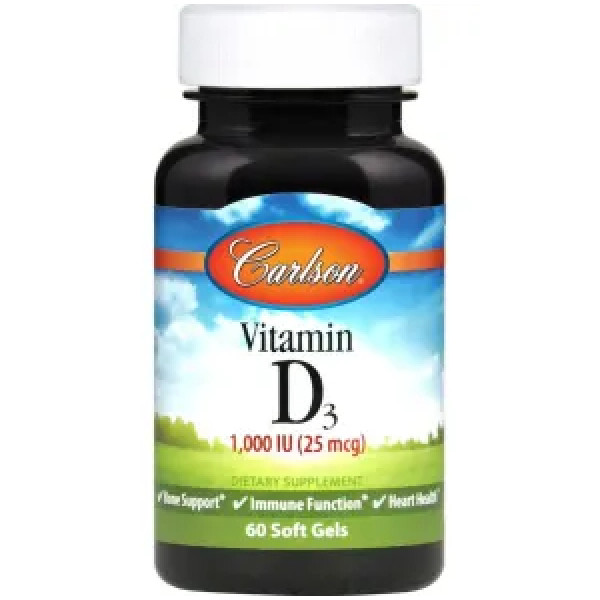 Вітамін D, Vitamin D, Carlson, 1000 МО, 60 гелевих капсул