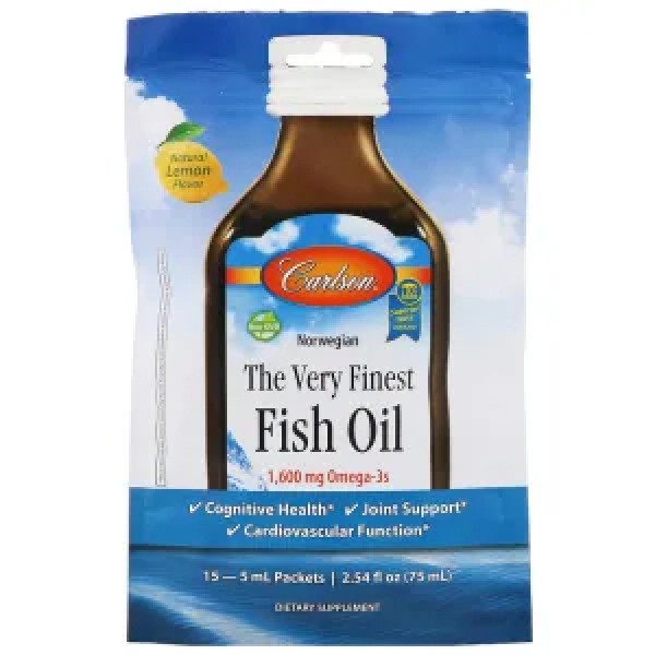 Риб'ячий жир зі смаком лимона, The Very Finest Fish Oil, Carlson, 1600 мг, 15 пакетиків по 5 мл в кожному