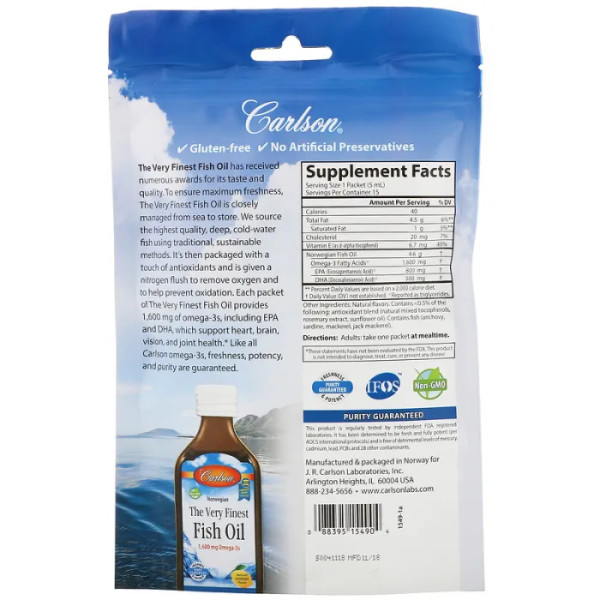 Риб'ячий жир зі смаком лимона, The Very Finest Fish Oil, Carlson, 1600 мг, 15 пакетиків по 5 мл в кожному