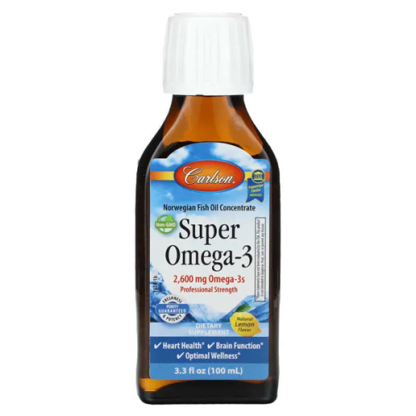 Норвезький риб'ячий жир, Омега-3, Super Omega-3, Carlson, смак лимона, 2600 мг, 100 мл