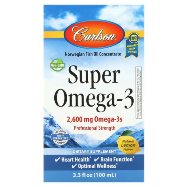 Норвезький риб'ячий жир, Омега-3, Super Omega-3, Carlson, смак лимона, 2600 мг, 100 мл