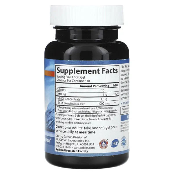 Докозагексаєнова кислота (ДГК), Elite DHA Gems, Carlson, 1000 мг, 30 гелевих капсул