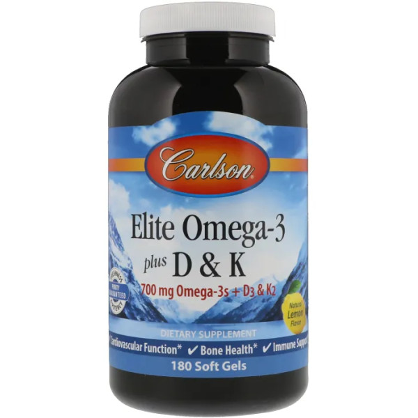 Омега 3 + вітамін D3 і вітамін К, Omega-3 Plus D & K, Carlson, 180 гелевих капсул