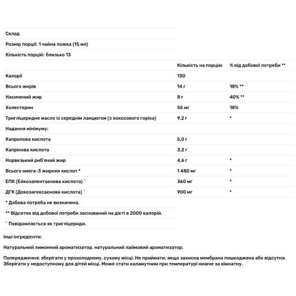 МСТ і Омега-3, зі смаком лимона і лайма, MCT & Omega-3, Carlson, 200 мл