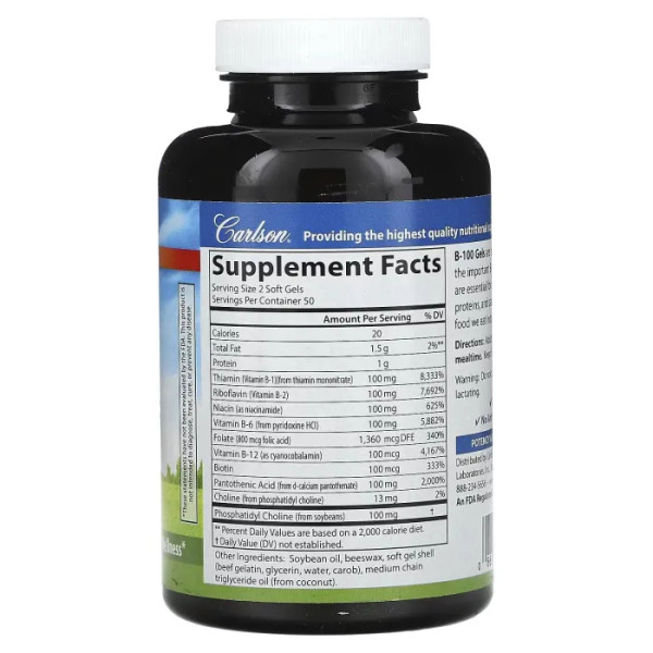 Вітамін В-100, Vitamin B-100, Carlson, 100 гелевих капсул