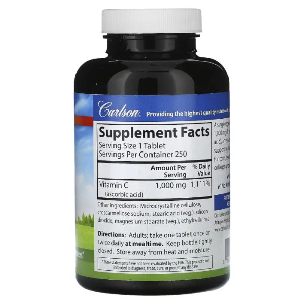 Вітамін С, Vitamin C, Carlson, 1000 мг, 250 вегетаріанських таблеток
