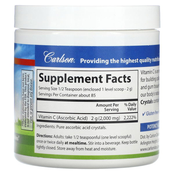 Вітамін С, Vitamin C, Carlson, кристали, 2000 мг, 170 г