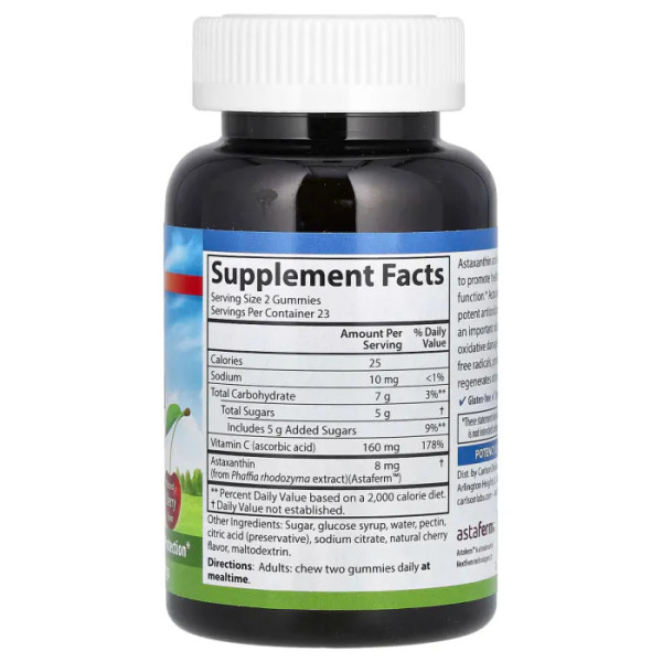 Астаксантин із вітаміном С, Fermented Astaxanthin Gummies with Vitamin C, Carlson, ферментований, смак вишні, 8 мг, 46 вегетаріанських жувальних цукерок (4 мг на жувальну цукерку)