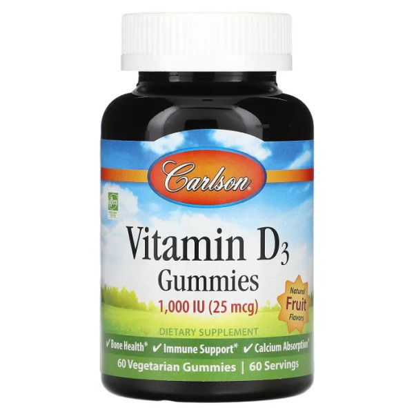 Вітамін D3 для дорослих, Vitamin D3 Gummies, Carlson, фруктовий смак, 25 мкг (1000 МО), 60 жувальних цукерок