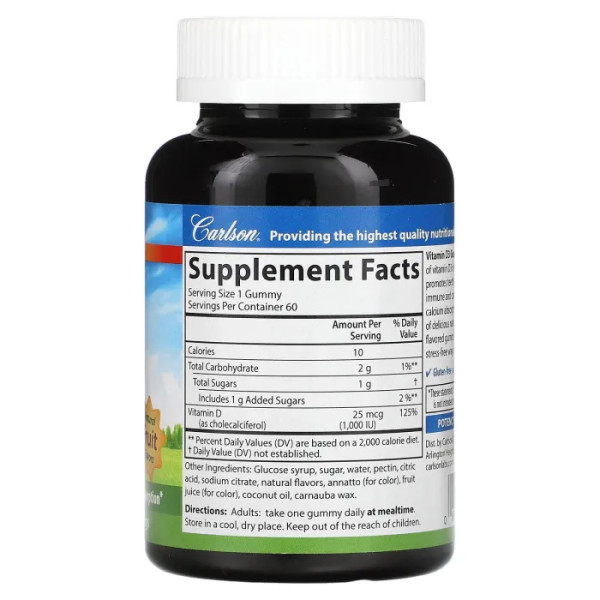 Вітамін D3 для дорослих, Vitamin D3 Gummies, Carlson, фруктовий смак, 25 мкг (1000 МО), 60 жувальних цукерок