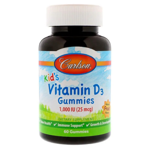Вітамін D3 для дітей, Vitamin D3 Gummies, Carlson, фруктовий смак, 1,000 МО, 60 жувальних цукерок