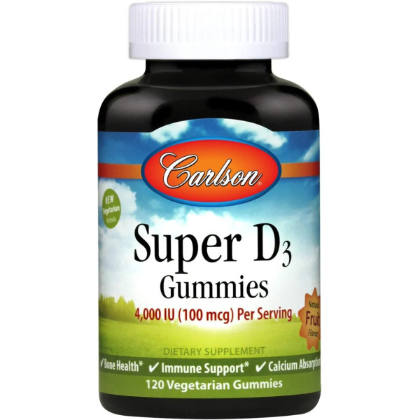 Вітамін D3, натуральний фруктовий смак, Super D3 Gummies, Carlson, 100 мкг (4000 МО), 120 жувальних цукерок