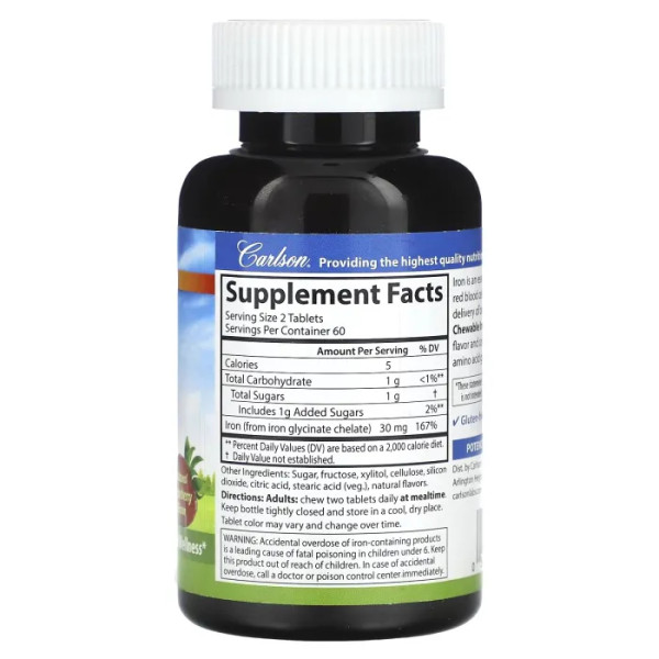 Залізо, Chewable Iron, Carlson, смак полуниці, 30 мг, 120 жувальних таблеток