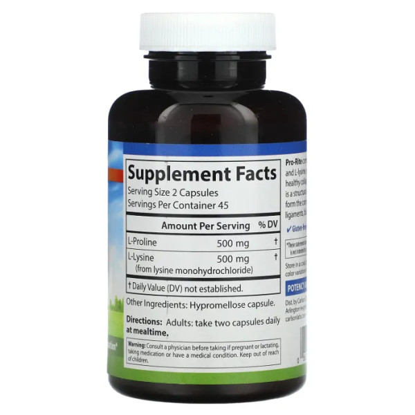 L-пролін L-лізин, Pro-Rite, Carlson, 90 вегетаріанських капсул
