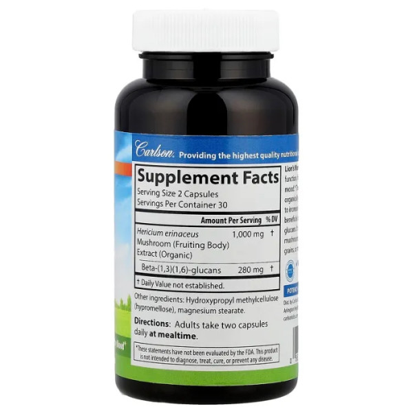 Їжовик гребінчастий, Lion's Mane, Carlson, 1000 мг, 60 вегетаріанських капсул