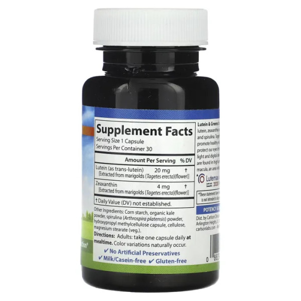 Лютеїн та зеаксантин, Lutein & Greens, Carlson, 30 вегетаріанських капсул
