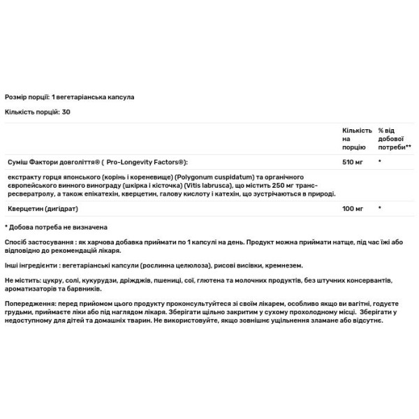 Ресвератрол, Resveratrol, ReserveAge Nutrition, 250 мг, 30 вегетаріанських капсул