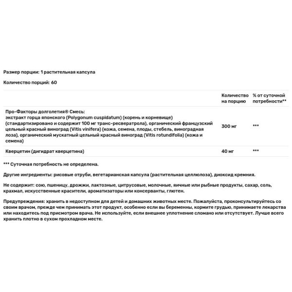 Ресвератрол, Resveratrol, ReserveAge Nutrition, 100 мг, 60 растительных капсул