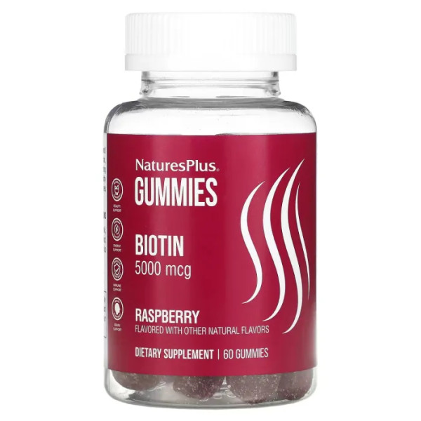 Біотин, Biotin Gummies, NaturesPlus, 5000 мкг, зі смаком малини, 60 жувальних цукерок