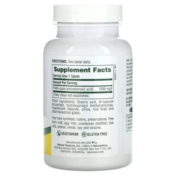 ПАБК, PABA, NaturesPlus, уповільненого вивільнення, 1000 мг, 60 таблеток