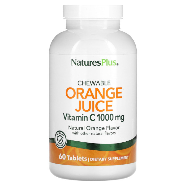 Вітамін С, Chewable Orange Juice Vitamin C, Nature's Plus, смак апельсина, 1000 мг, 60 жувальних таблеток
