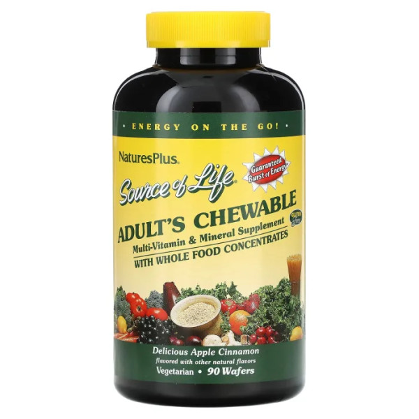 Мультивітаміни та мінерали для дорослих, Adult's Chewable Multi-Vitamin & Mineral, NaturesPlus, Source of Life, яблуко та кориця, 90 жувальних вафель