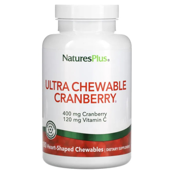 Журавлина з вітаміном С, Cranberry with Vitamin C, Nature's Plus, журавлино-полуничний смак, 180 жувальних цукерок