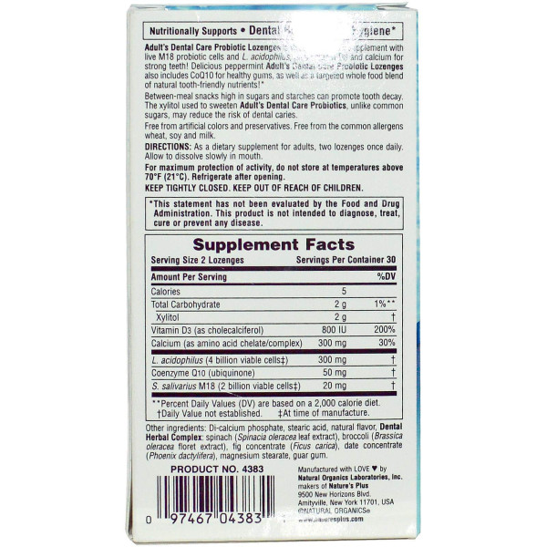 Гігієна порожнини рота з пробіотиком, Dental Care, Nature's Plus, для дорослих, м'ятний смак, 60 льодяників