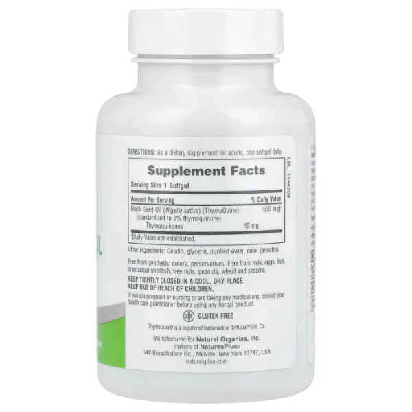 Олія чорного кмину, Black Seed Oil 500, NaturesPlus, Pro ThymoQuin®, холодного віджиму, 500 мг, 60 м'яких капсул