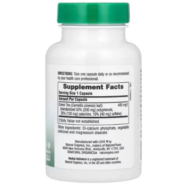 Зеленый чай, Green Tea, NaturesPlus, Herbal Actives, 400 мг, 60 веганских капсул
