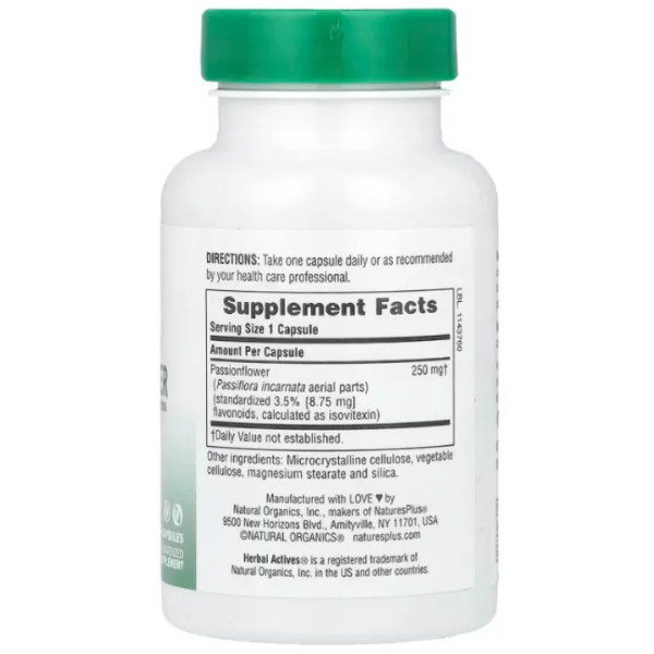 Пасифлора, Passion Flower, Nature's Plus, Herbal Actives, 250 мг, 60 капсул