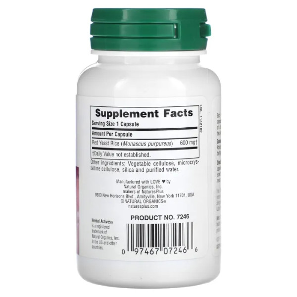 Червоний дріжджовий рис, Red Yeast Rice, Herbal Actives, NaturesPlus, 600 мг, 60 веганських капсул