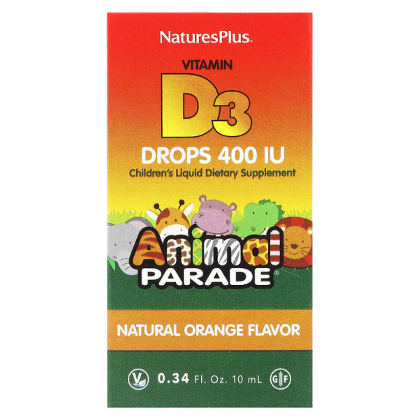 Вітамін D3 у краплях, Vitamin D3 Drops, Nature's Plus, Animal Parade, апельсиновий смак, 400 МО, 10 мл