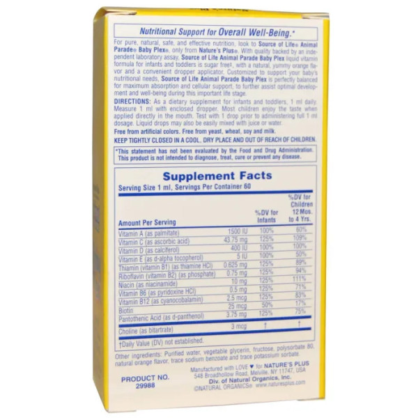 Вітаміни для немовлят, Multivitamin Drops, Nature's Plus, Animal Parade, смак апельсина, без цукру, краплі, 60 мл.