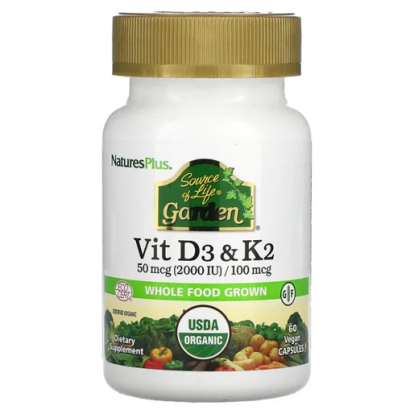 Вітаміни D3 та K2, Vit D3 & K2, Nature's Plus, Source of Life Garden, 60 веганських капсул