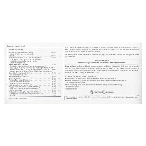 Мультивітаміни та мінералі для чоловіків, Source of Life Men, Nature's Plus, Source of Life Men, з концентрованими цільними продуктами, без заліза, 120 таблеток