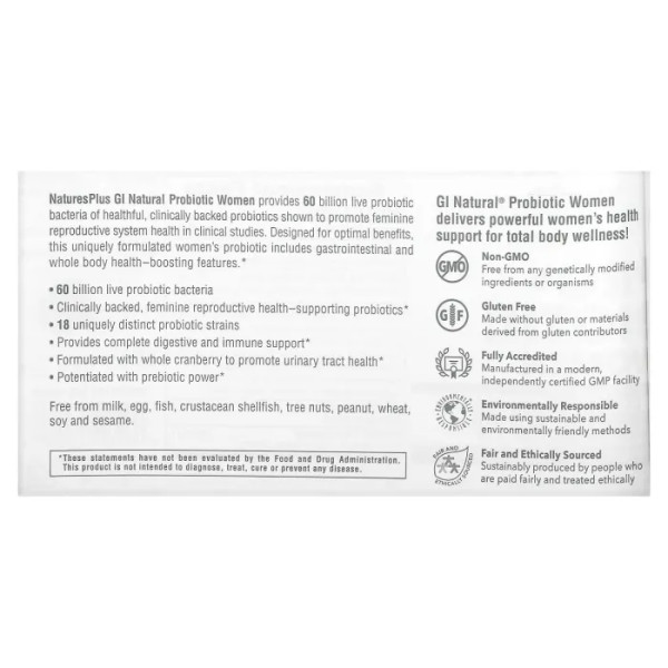 Пробіотики для жінок GI, GI Natural Probiotic Women, Nature's Plus, 60 млрд КУО, 30 капсул