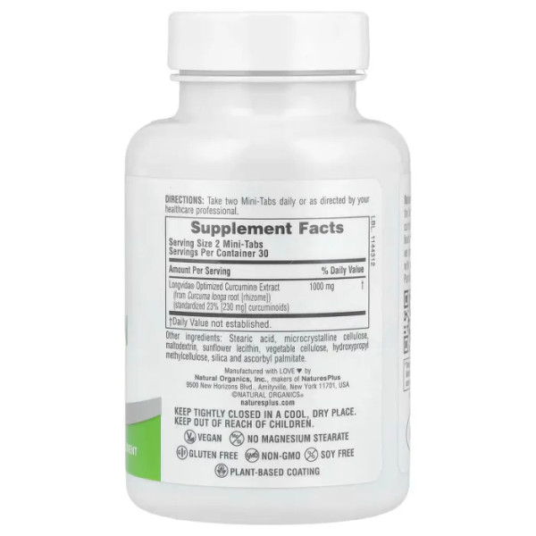 Куркумін, Pro Longvida Curcumin 1000, NaturesPlus, 1000 мг, 60 міні-таблеток