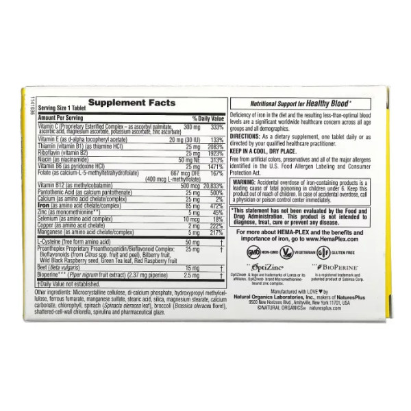 Залізо та поживні речовини для здоров'я еритроцитів, Iron with Essential Nutrients, Hema-Plex, NaturesPlus, 10 таблеток із уповільненим вивільненням