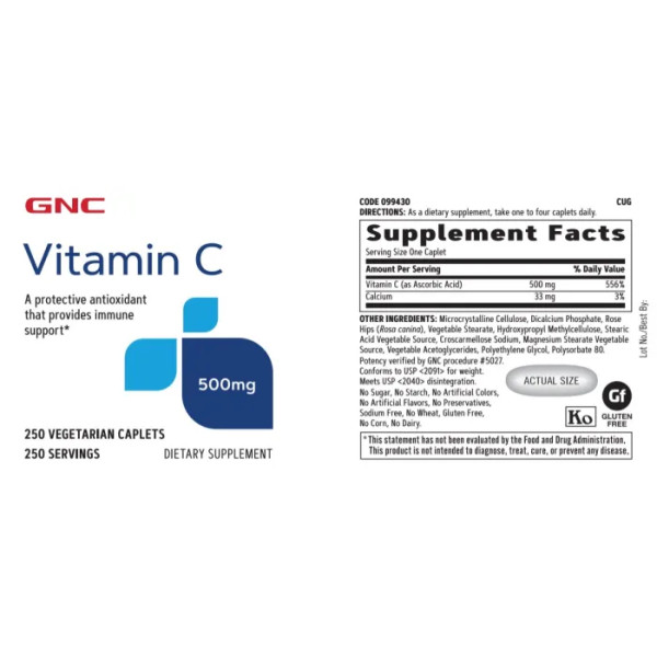 Вітамін С, Vitamin C, GNC, 500 мг, 250 вегетаріанських капсул