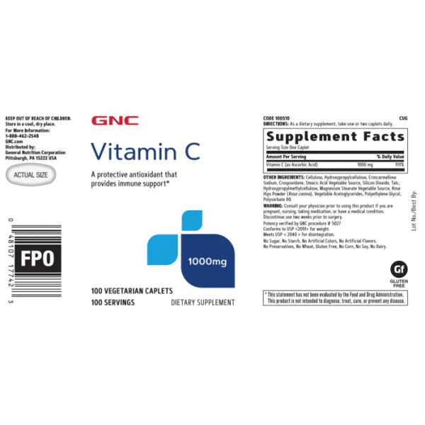 Вітамін С, Vitamin C, GNC, 1000 мг, 100 вегетаріанських капсул