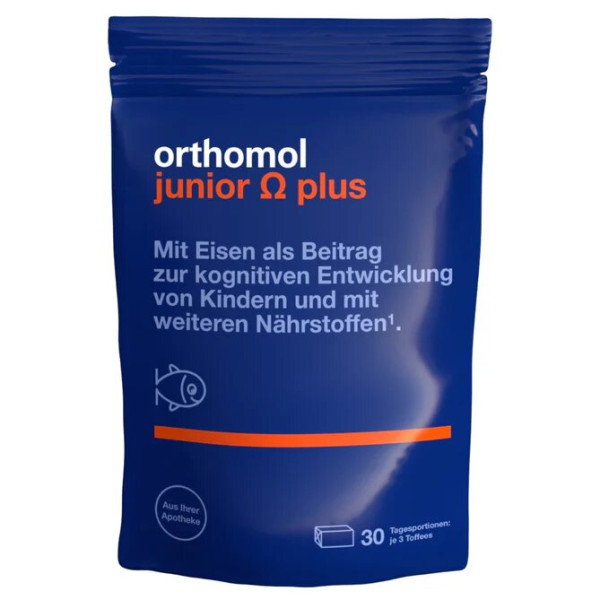 Вітаміни для підлітків з Омега, Orthomol junior Omega plus, для нормального когнітивного розвитку, із залізом, цинком та вітамінами групи В, 90 жувальних цукерок (ірисок)