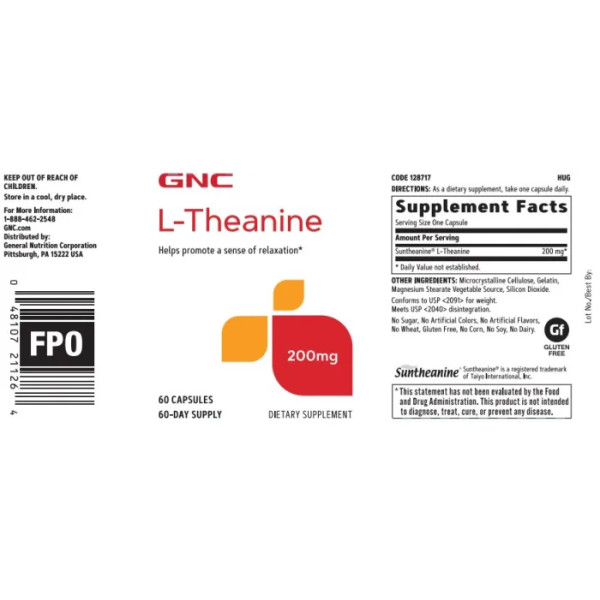 L-теанін, L-Theanine, GNC, 200 мг, 60 капсул