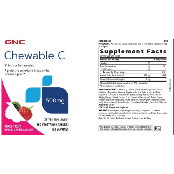 Вітамін С, Chewable C, GNC, 500 мг, фруктовий мікс, 180 жувальних вегетаріанських таблеток