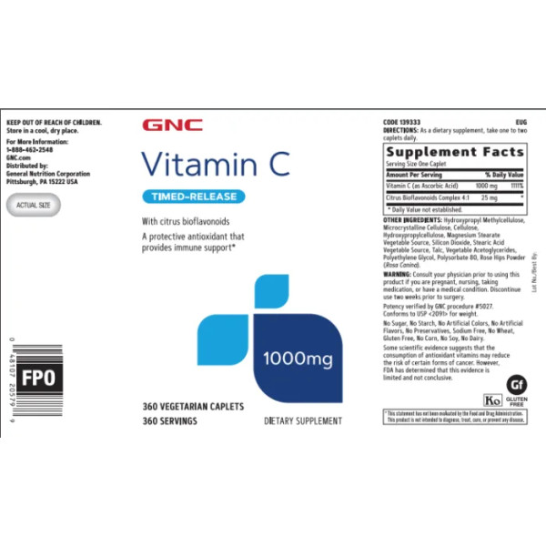 Вітамін С з уповільненим вивільненням, Vitamin C, GNC, 360 вегетаріанських капсул