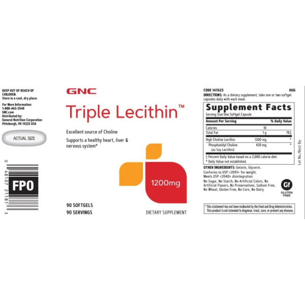 Лецитин, підтримка серця, печінки і нервової системи, Triple Lecithin, GNC, 1200 мг, 90 гелевих капсул